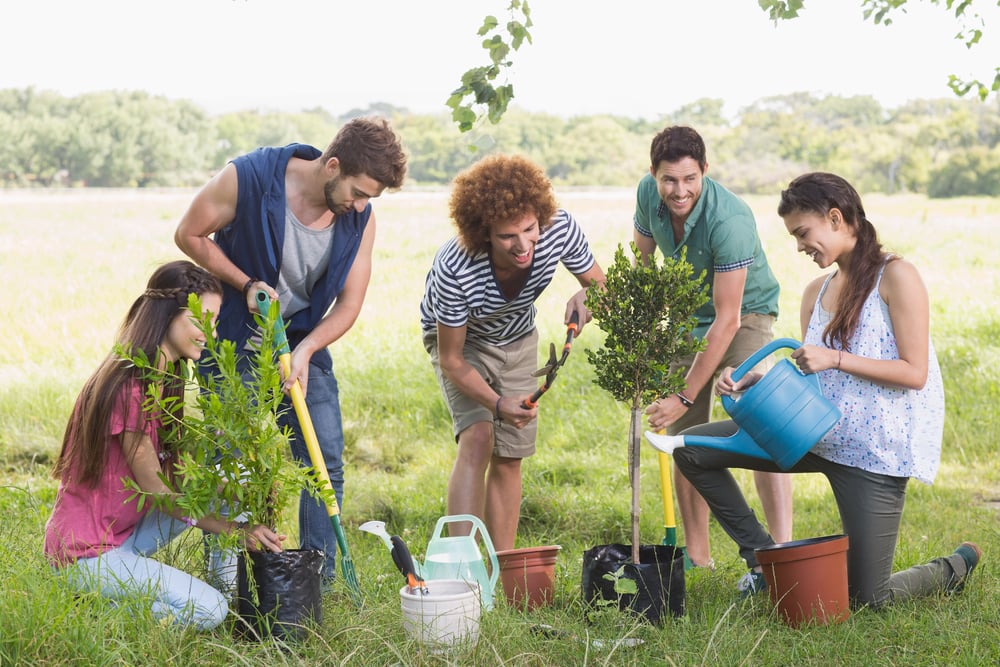 Happy friends gardening for the community on a sunny day-1